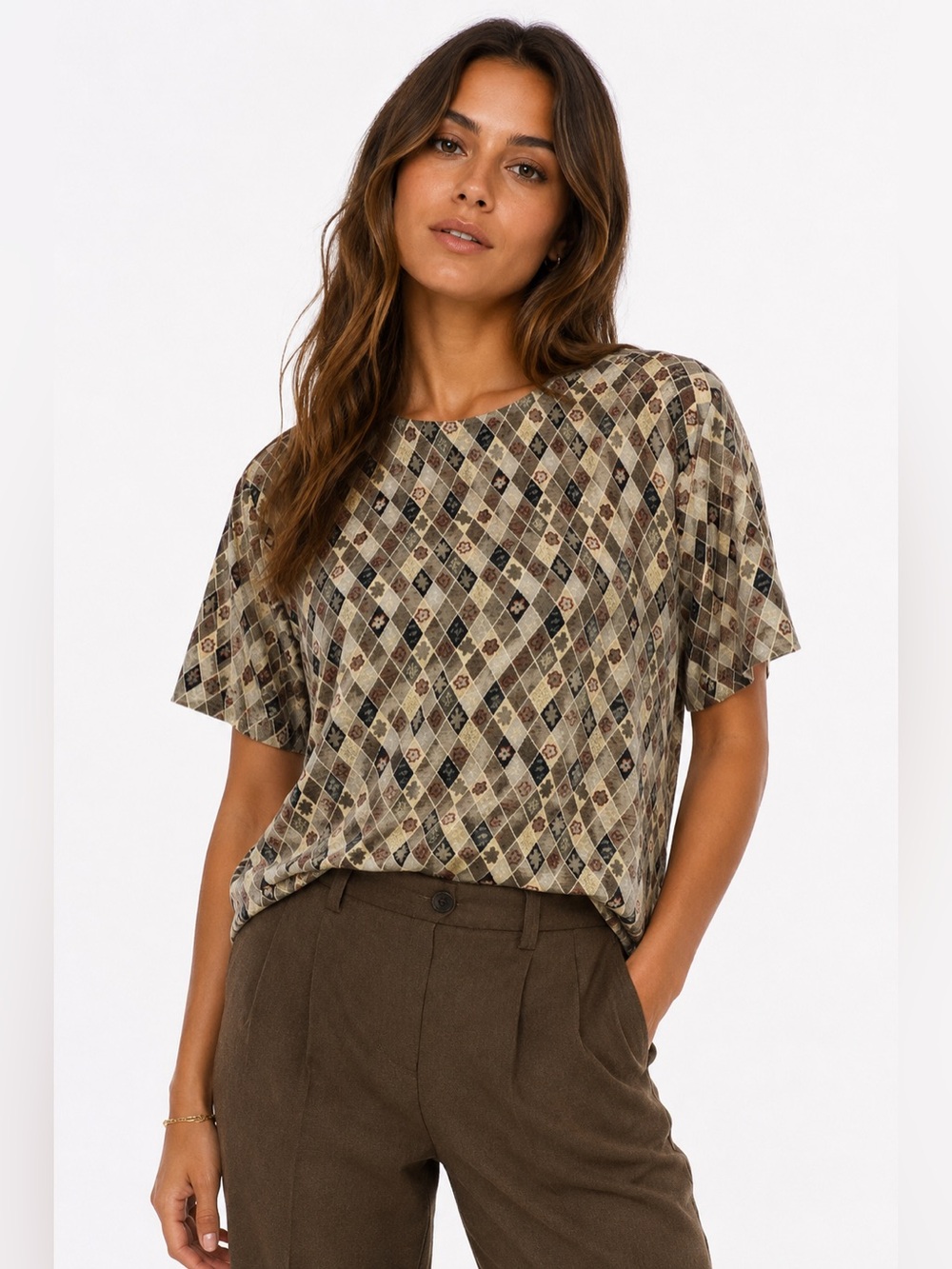 Vintage STUNT 100% Silk Diamond Print Blouse Women’s Size 5 Earth Tone Floral